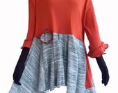 2x Floral Asymmetric Top XXL Plus Size Womens Recycled Handmade Clothing Pumpkin Spice Gray Lagenlook Shirt