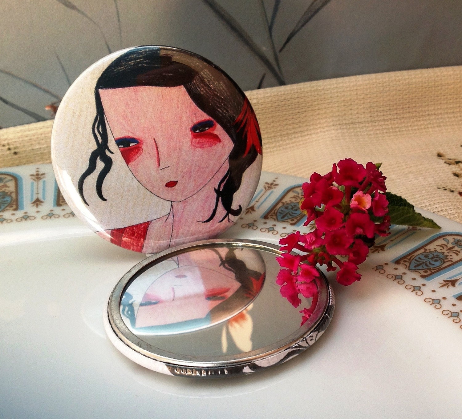 SALE feathers red portrait female beauty Pocket Mirror