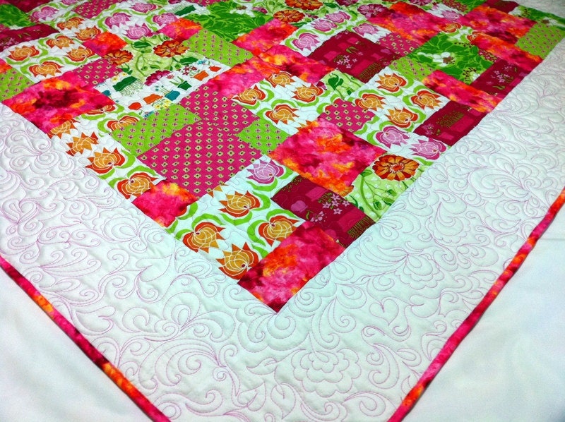 Patchwork Lap Quilt in pink, lime and white SUMMER SUNSHINE 56" x 66"
