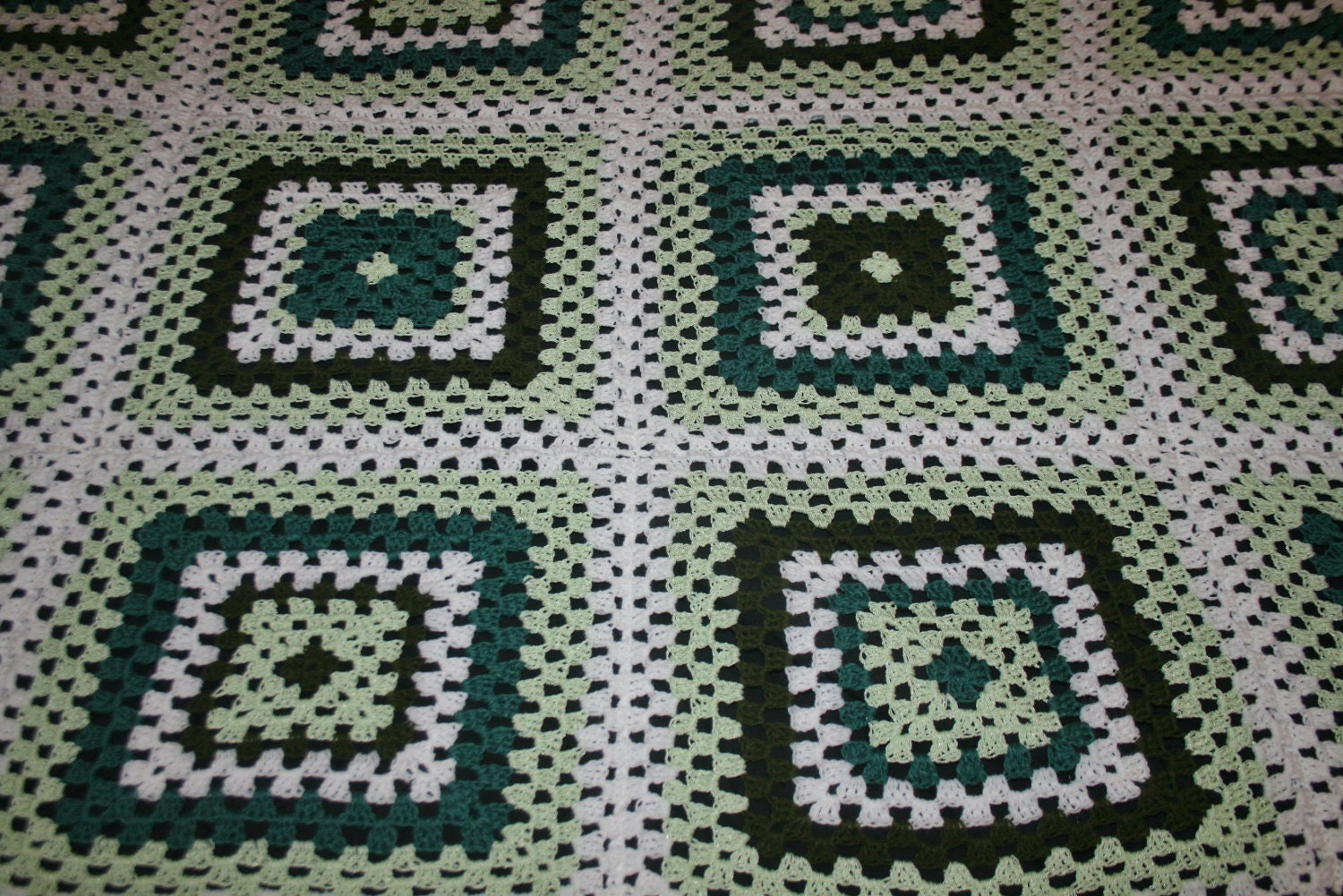 Crochet Granny Square Afghan in Shades of Green and White