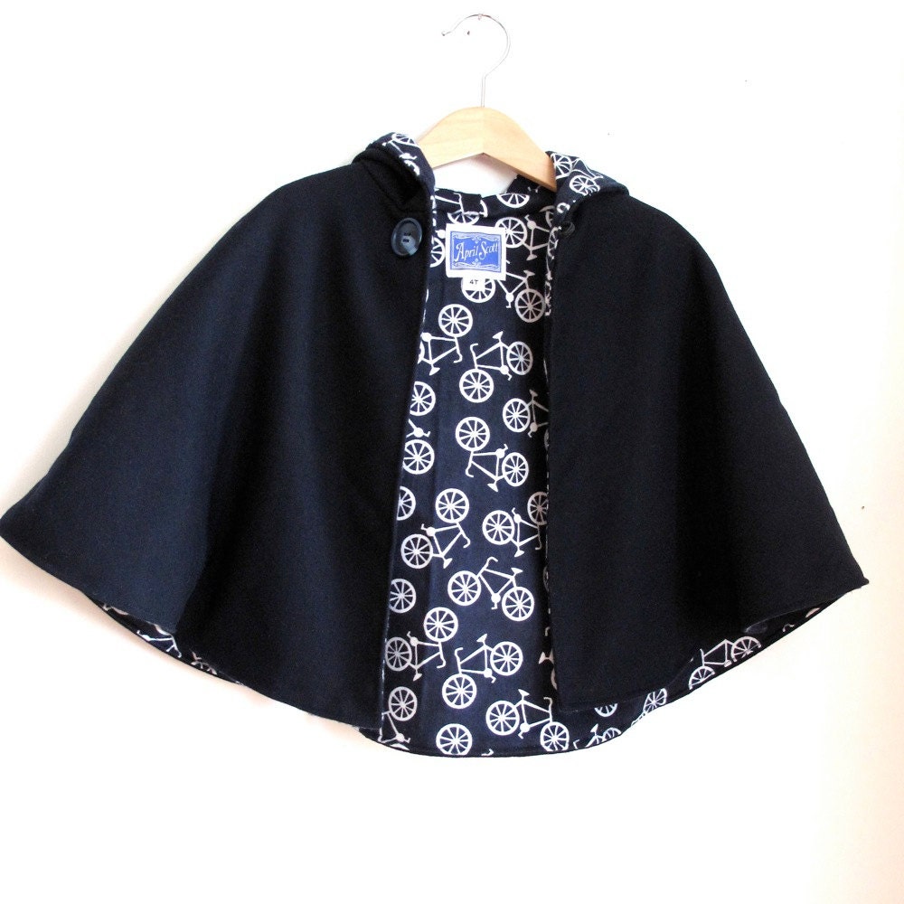 Navy Bicycle Wool Hooded Cape - Newborn, Baby, or Toddler Girls or Boys cape - sizes Newborn to 4T - cape, cloak, coat, jacket, hoodie