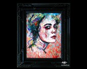 Drowning in Sorrow - or - I want to see you die - Original Drawing - Surreal Abstract Dark Art Crying Tears Blood Gothic Female Sad Heart