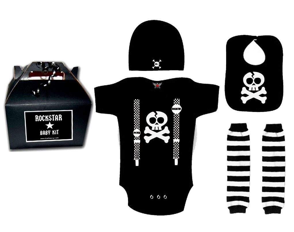 Skull Suspenders Baby One piece Hat bib leg warmers gift box punk rock rockstar black shirt