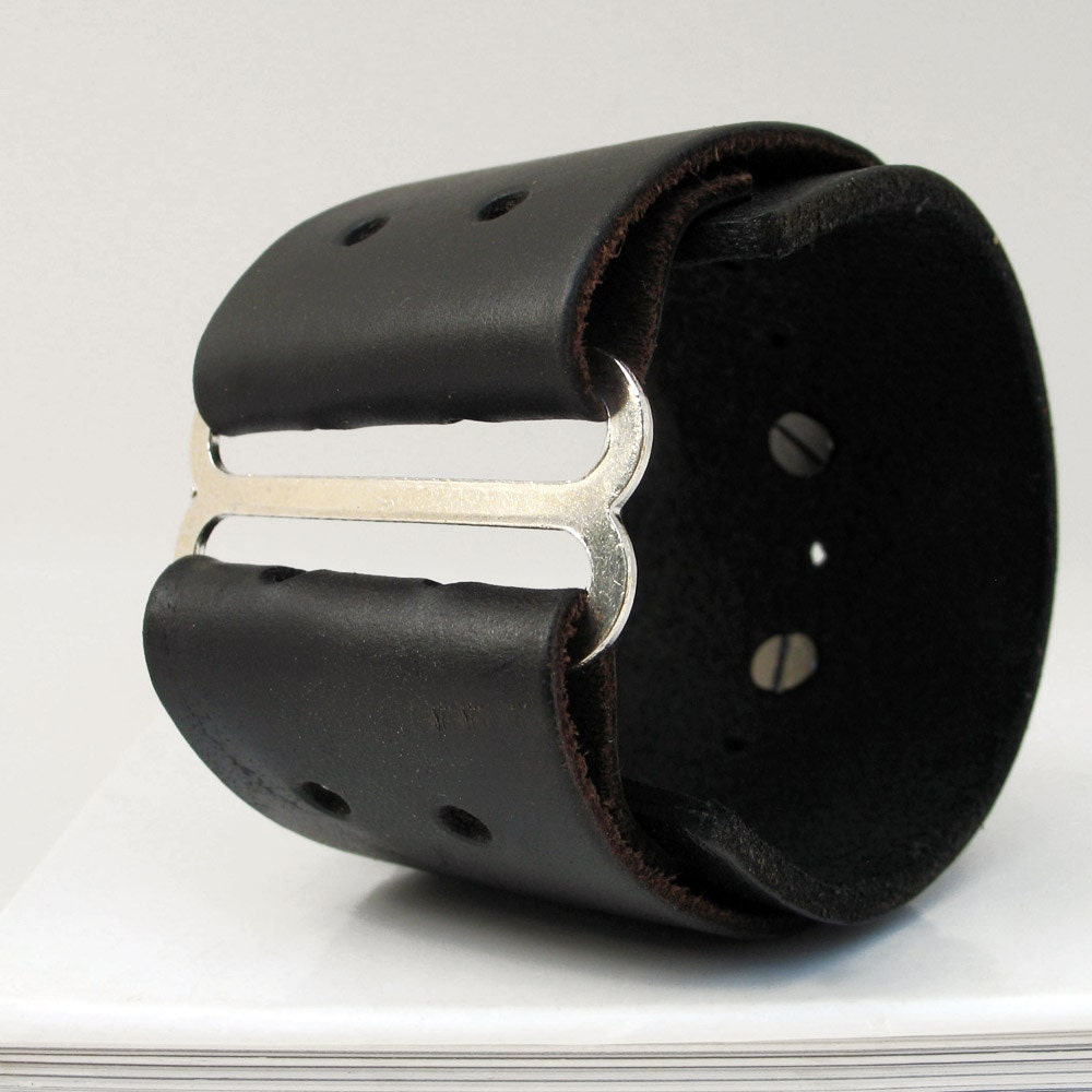 Mens Leather Cuff Wristband with Silver Metal Center EcoFriendly OOAK Unisex by Greenbelts