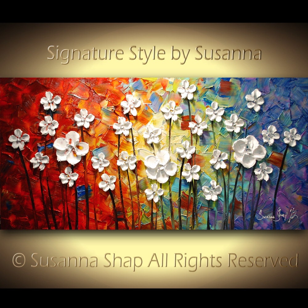 ORIGINAL Large Abstract Contemporary White Flowers Landscape Heavy Texured Modern Multicolored Painting by Susanna Ready to Hang 48x24