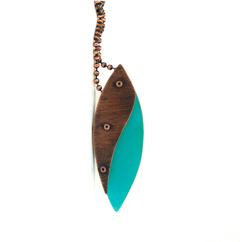 Oxidized Copper and Turquoise Resin Riveted Pendant Necklace - Verdant
