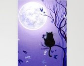 Cat and Butterfly Swirl - Angelic Moonlight Painting -  Blank Card