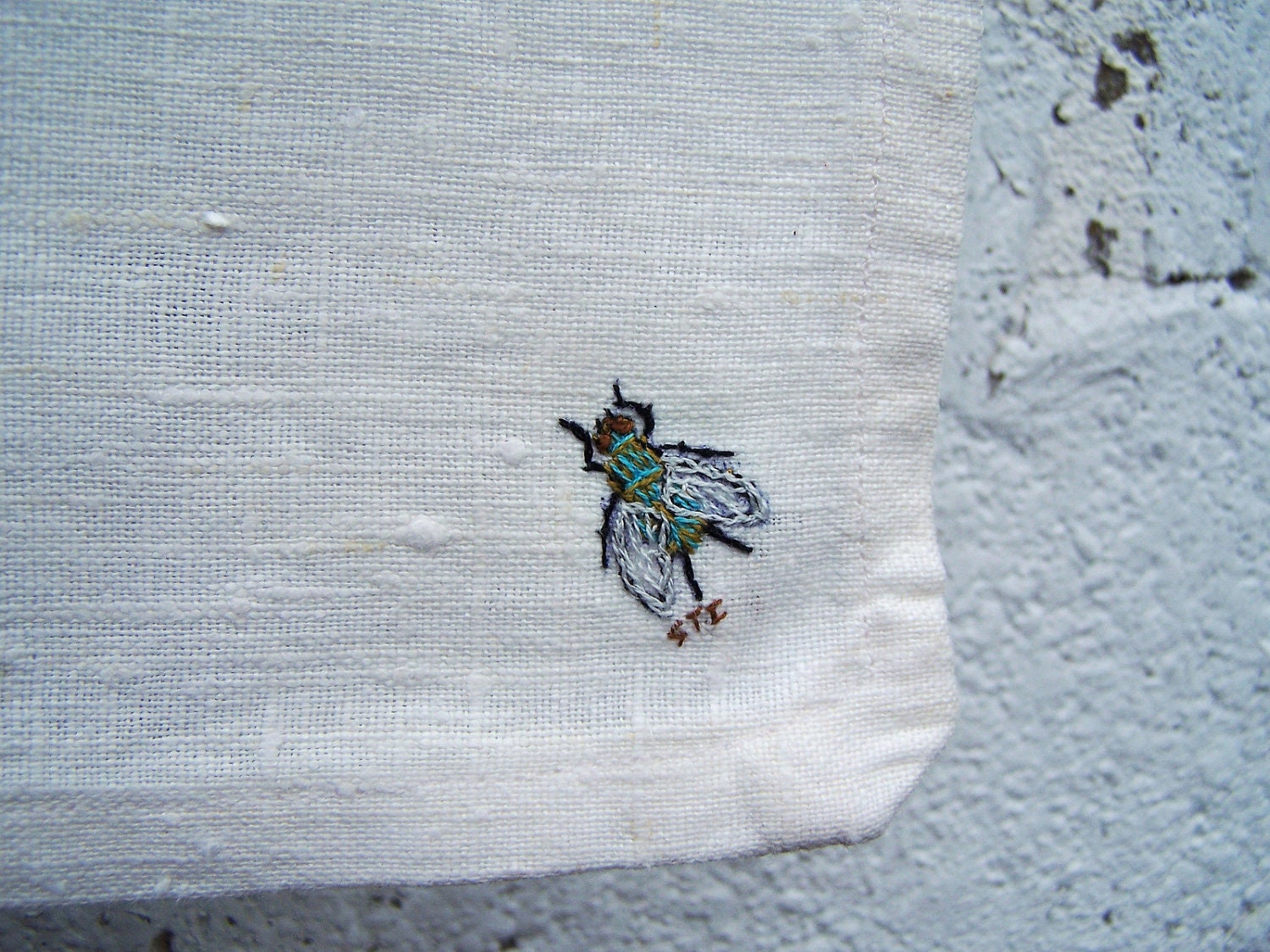 Blue Bottle Fly  - Hand Embroidered Tea Towel Off-White Linen -  free ship