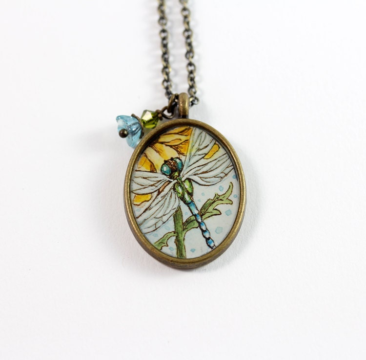 Dragonfly Pauses on a Brown Eyed Susan Hand Painted Necklace