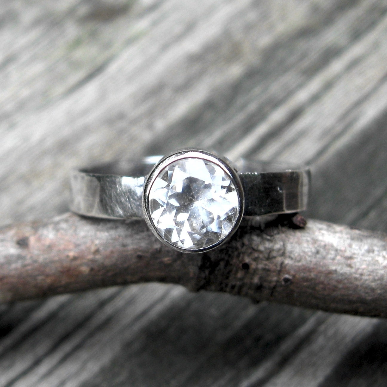 White Topaz Ring ... 6mm white topaz gemstone oxidized sterling silver hammered band stackable