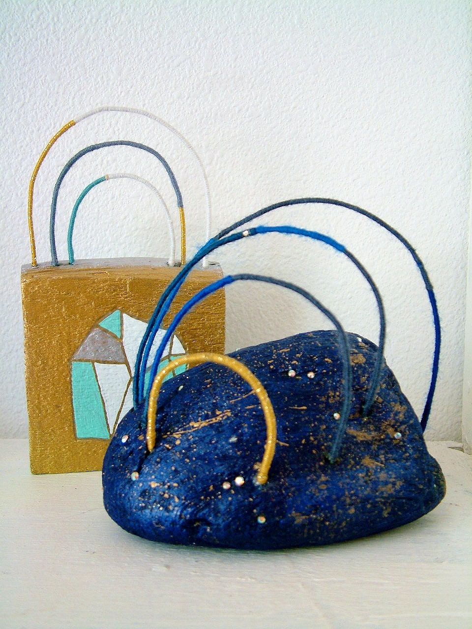 Galaxy Night Rainbow Sculpture in Blue & Gold with Crystal Stars