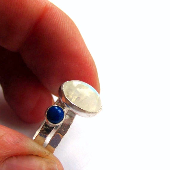 Stacking ring pair, Rainbow moonstone ring, blue lapis ring, stack rings, size 8 and a half, ready to ship