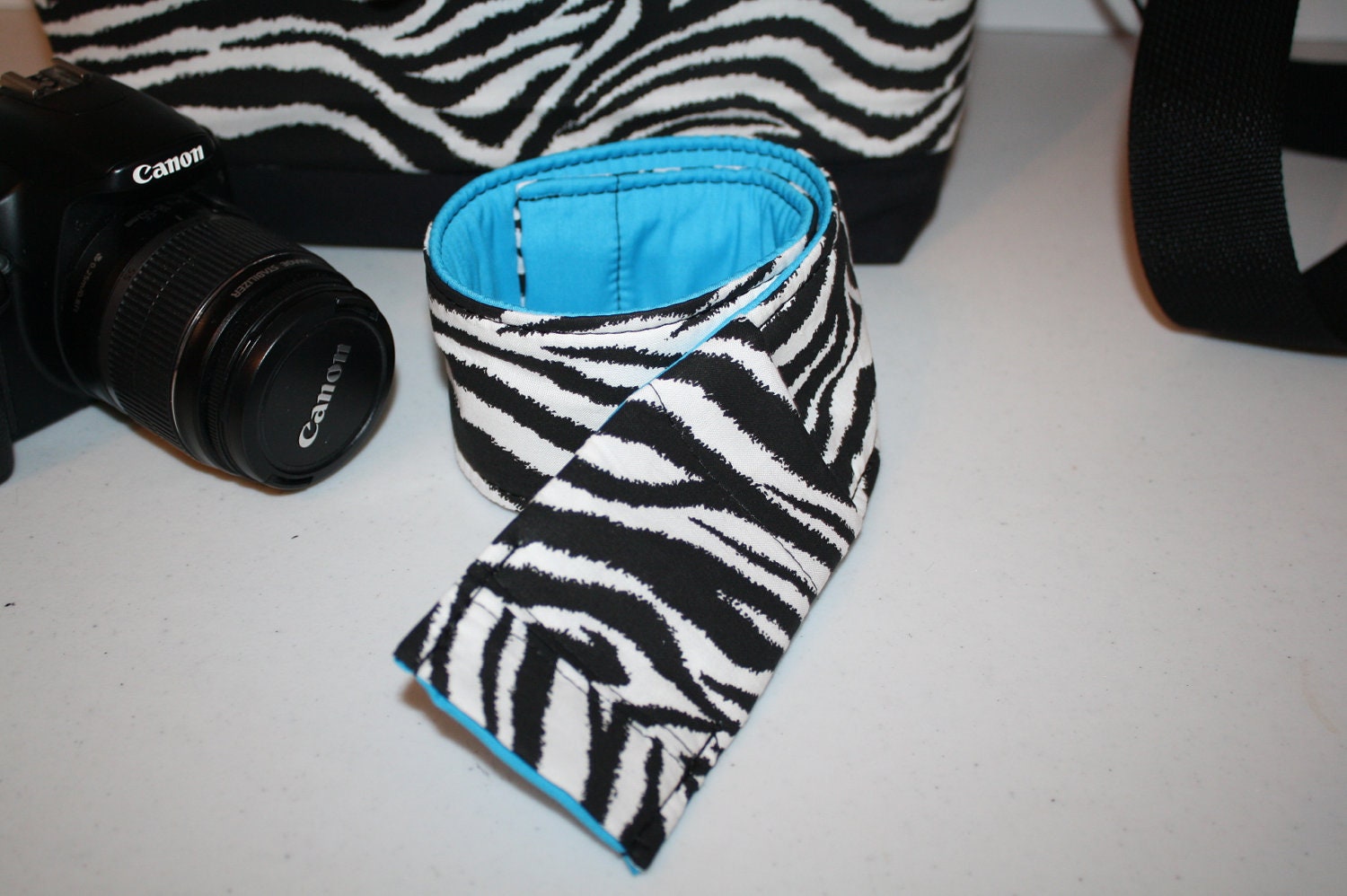 Womens CAMERA Strap Cover Dslr Black Zebra Turquoise with Lens Cap Pocket XcessRize Designs