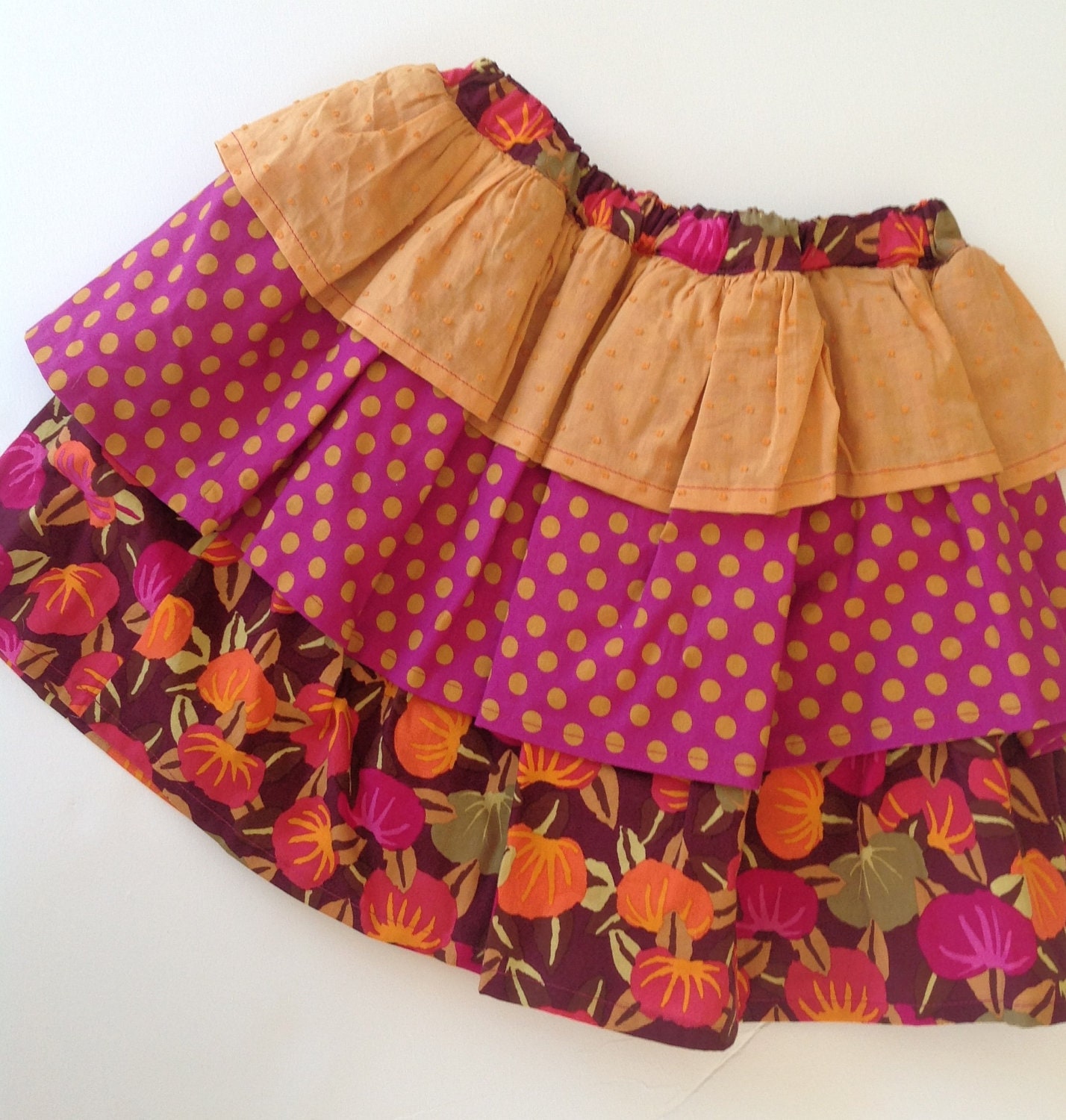 Ruffle skirt in saffron, burgundy, plum and magenta, size 4, one of a kind