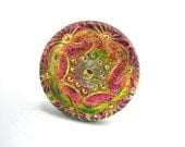 Czech Glass Button Ring Iridescent Raspberry Green Gold Tones