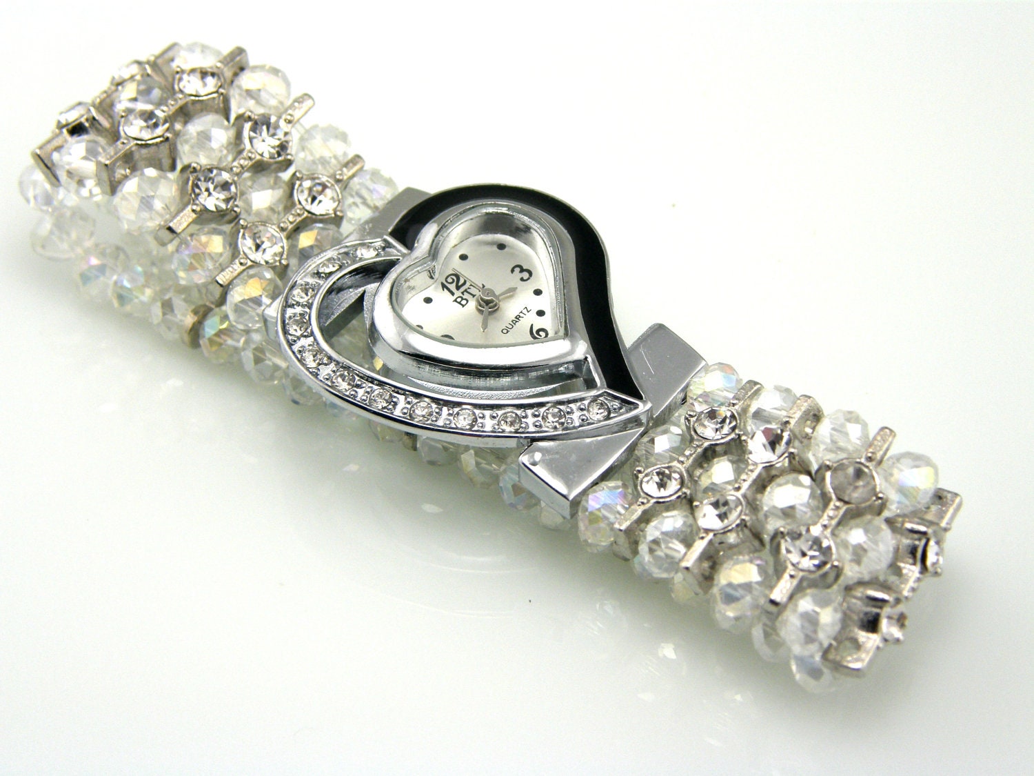Crystal Clear Beaded Watch Heart Shape