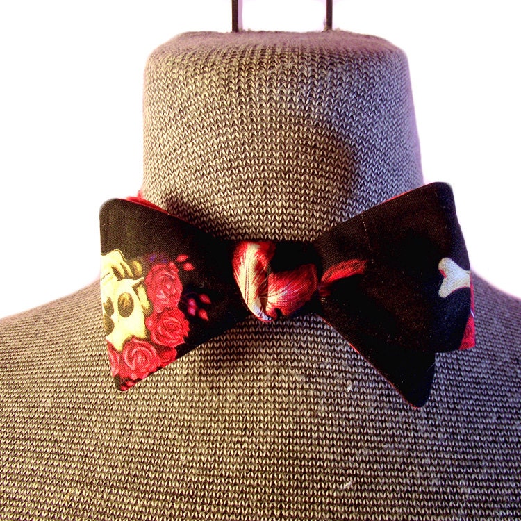 Reversible Bow Tie - Skulls and Red and Purple Polka Dots - by Jen Ell's Revenge