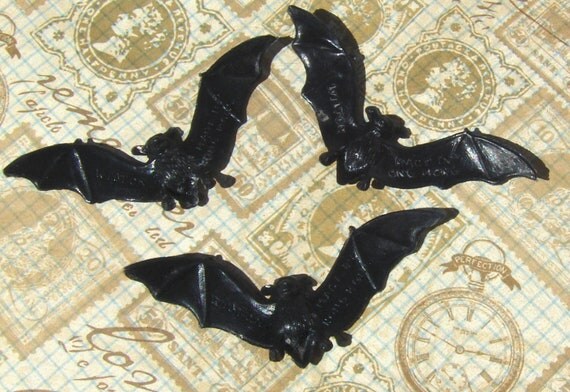 Three Vintage Plastic Halloween Bats Marked by