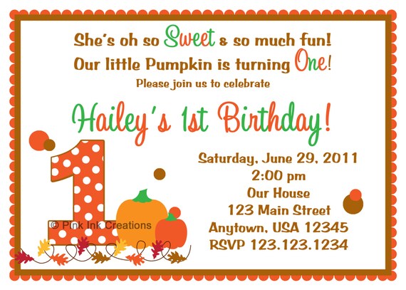 Sweet Pumpkin Birthday Invitation - girl or boy - Any Color Il_570xn