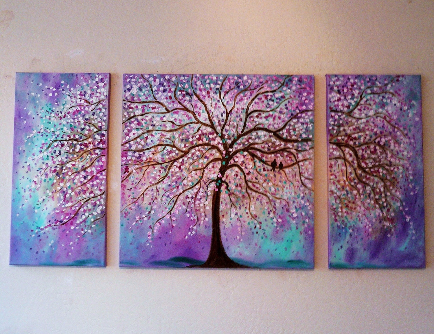 Large Commission Original oil  Painting -Violet, Purple, mint cherry tree-and love birds- 48 x 24