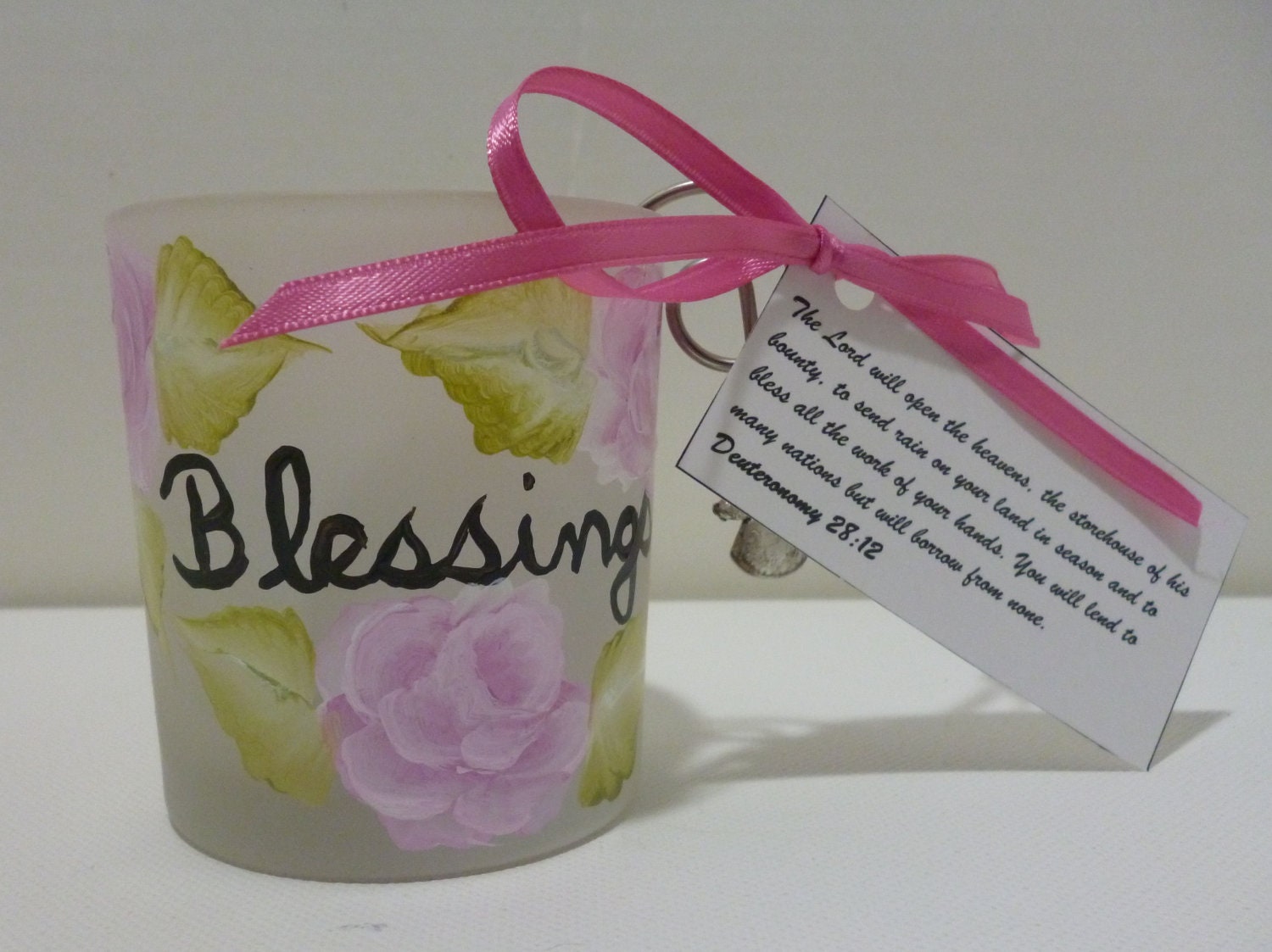 Hand Painted Annoited Spiritual Scripture Candle Holder w/ Bible Verse BLESSINGS