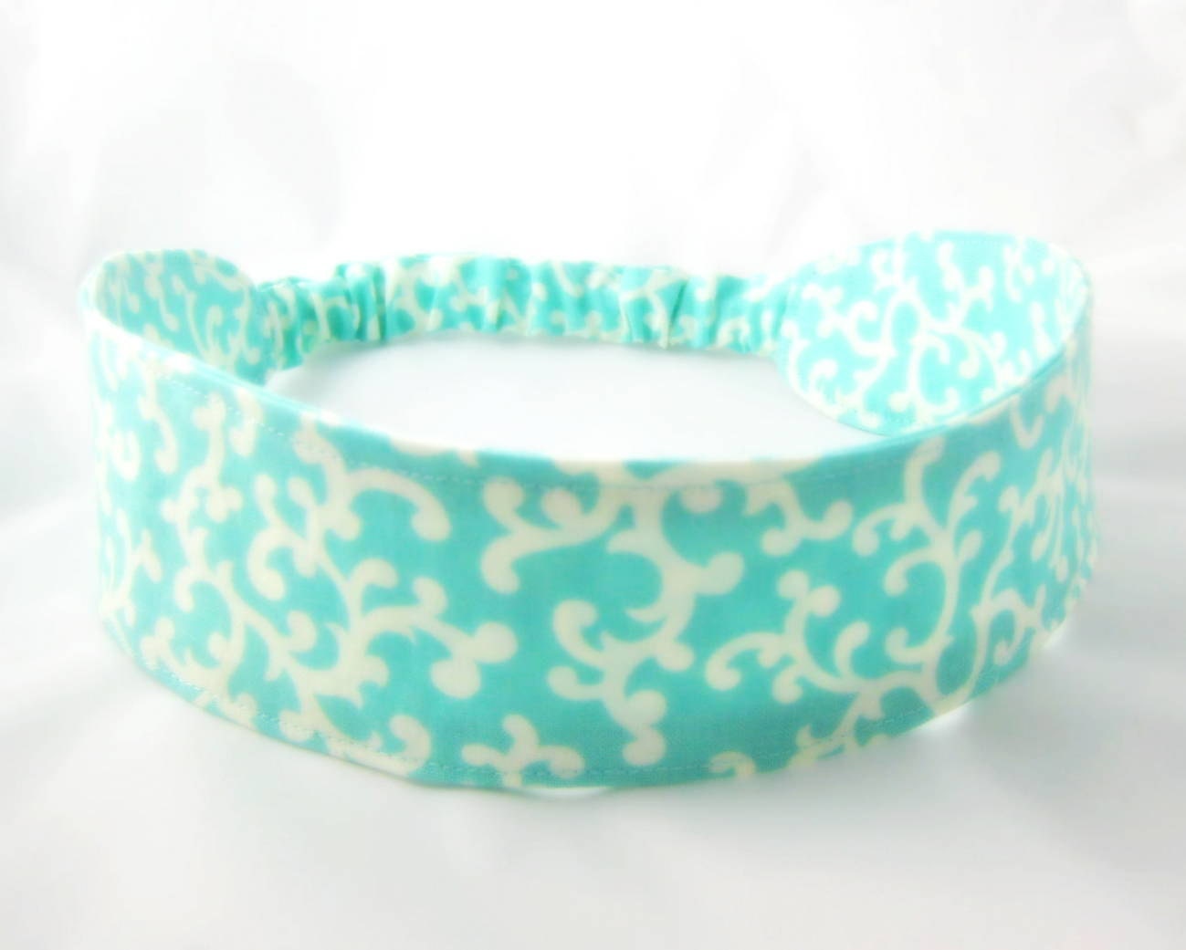 Summer Breeze Aqua Fabric Headband - Adjustable Elastic - White Turquoise Aqua