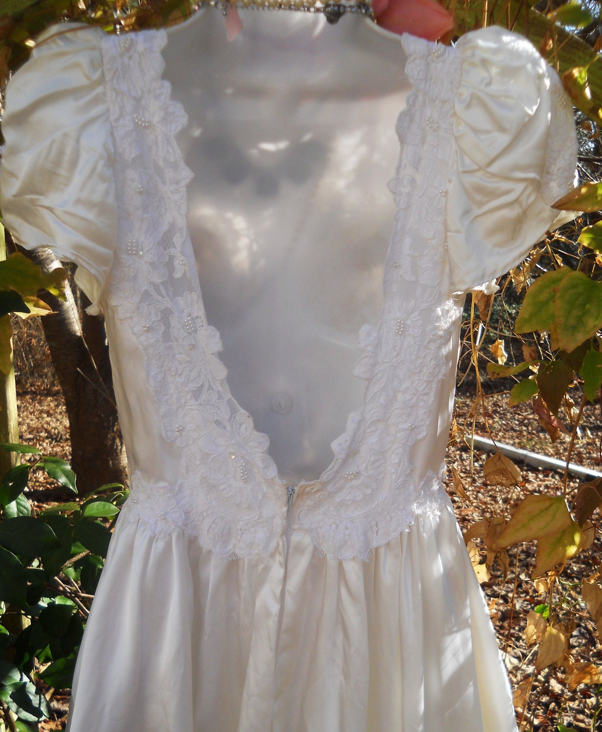 Vintage wedding dress ivory satin embroidery cap sleeve lace romantic small by vintage opulence on Etsy