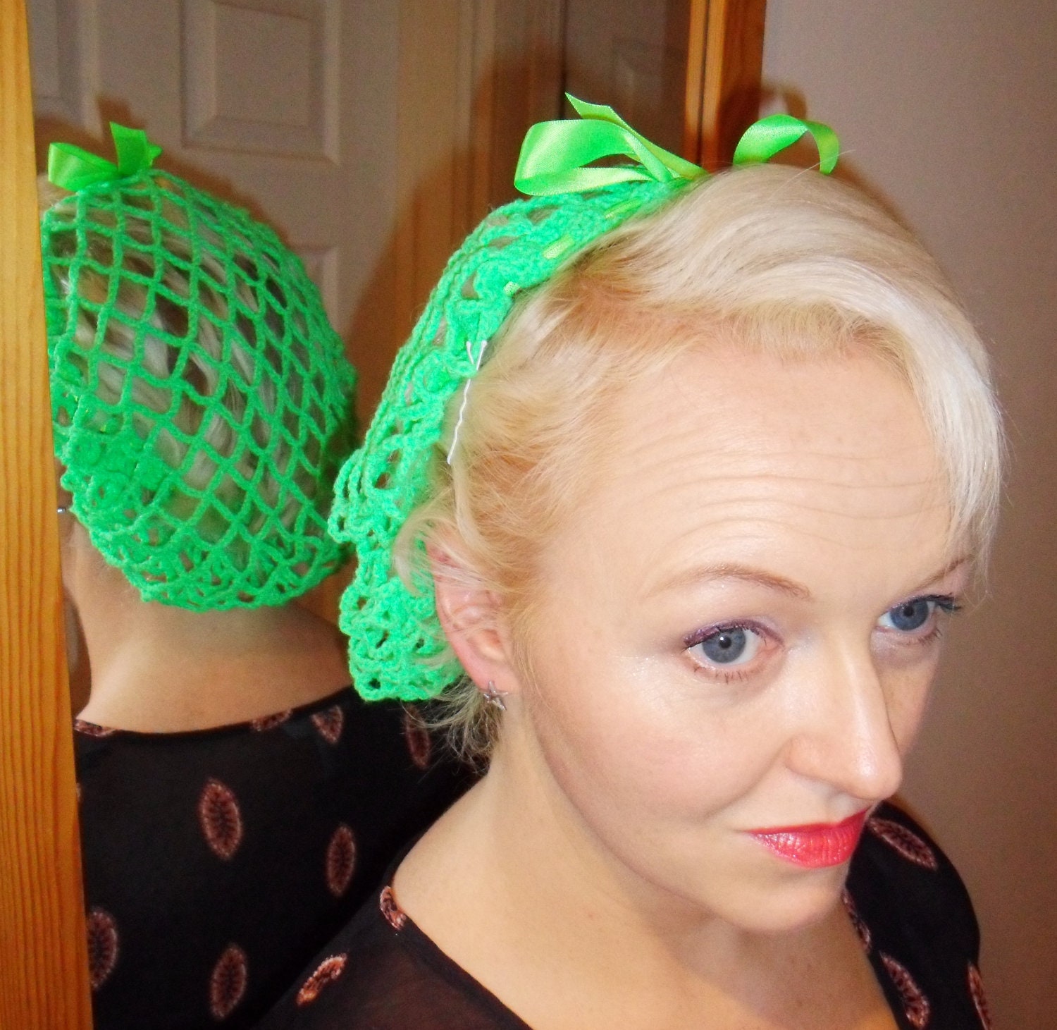 Bright green ribbon snood/hairnet crocheted to an original 1940s pattern 1 size fits all