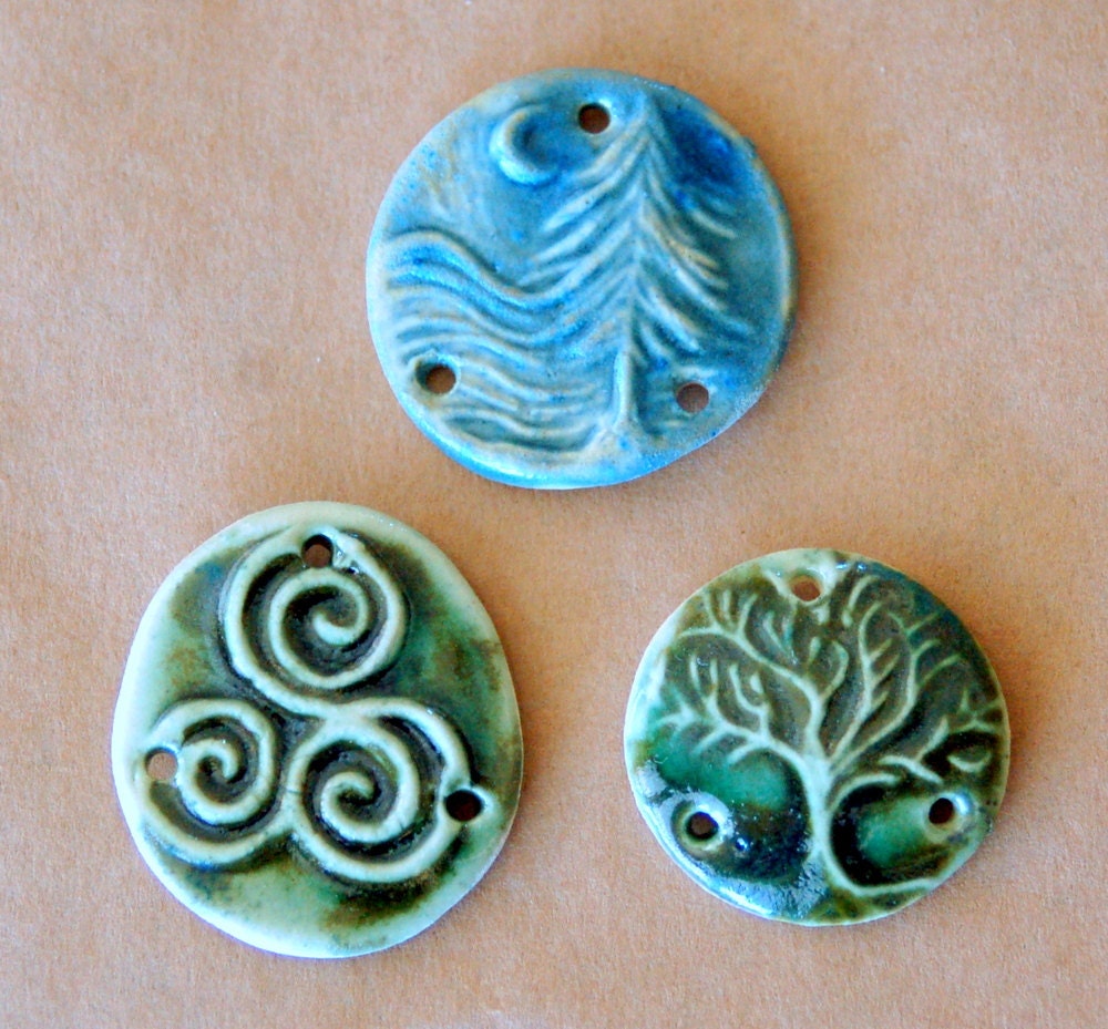 3 Ceramic Link Beads - 3 Holed Connector Beads - Handmade Tree of Life, Cedar and Triskele Link Beads
