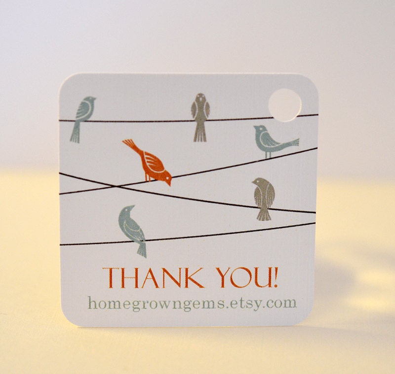 Birds on Wire Thank You Tags Packaging Orange Blue Customized Personalized