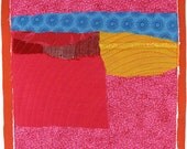 9.29.2012 small art quilt, contemporary, abstract, square, bright pink, blue, red and white, orange, yellow, watermelon
