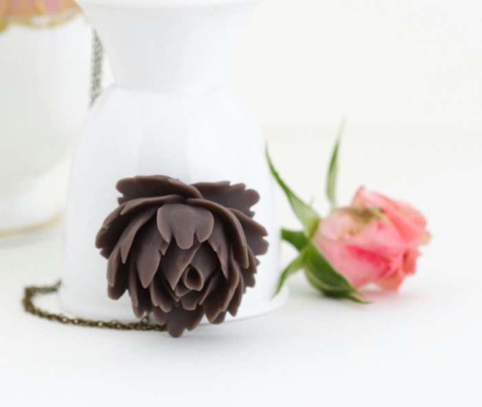 Statement Necklace, Flower Necklace, Rose Necklace  Chocolate Brown Rose Necklace