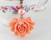 Statement Necklace, Peach Jewelry, Elegant Rose Necklace, Vintage Style, Shabby Chic, Flower Necklace
