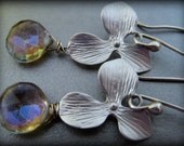 Silver  Orchid Flower and  Genuine mystic faceted Quartz briolette Earrings-Lotus earrings-Gemstone with lotus earrings