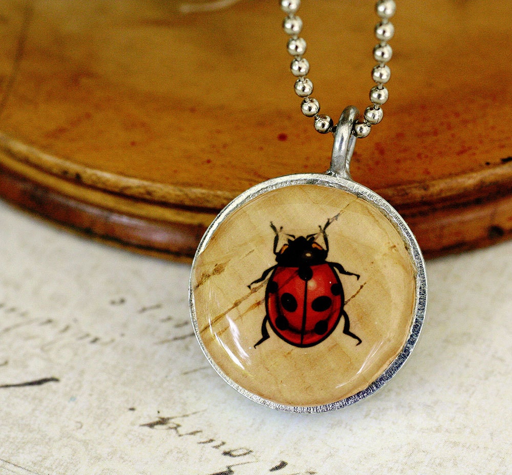 Ladybug Necklace - Recycled Wine Cork Necklace - Steel Jewelry - Black Beads - Upcycled by Uncorked