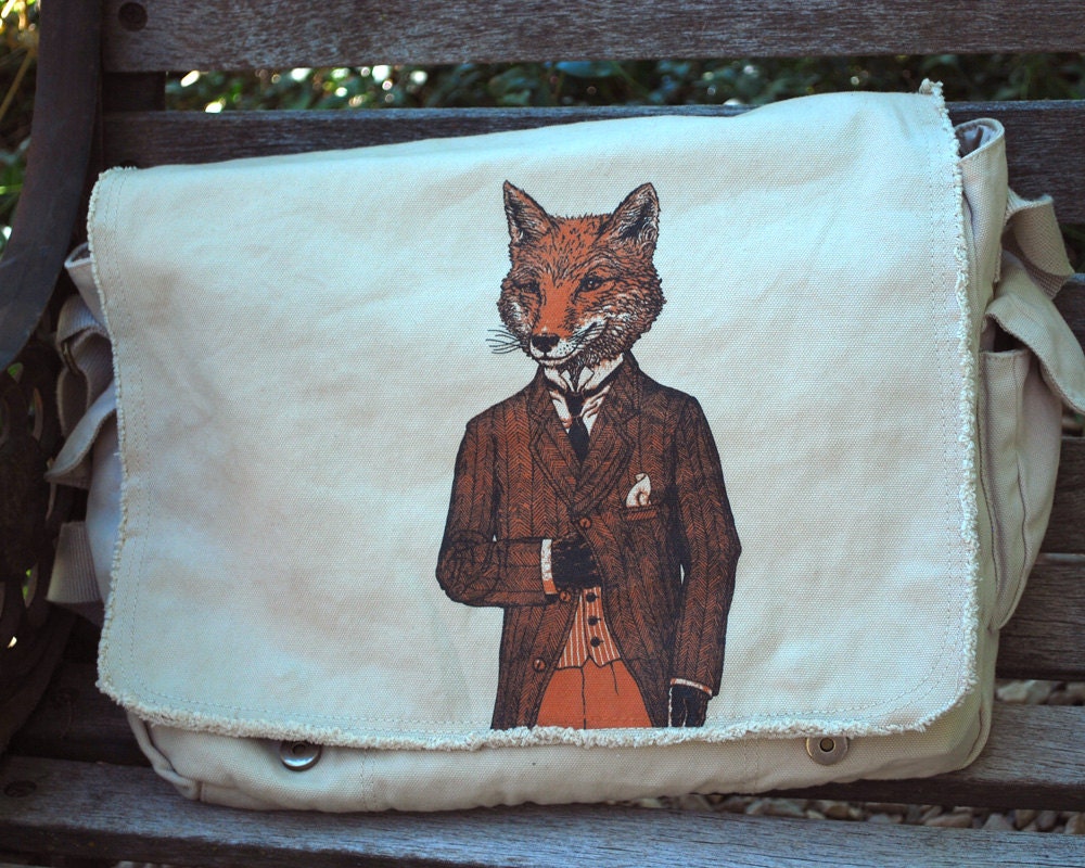 Dapper Fox School Bag - Canvas Screen Printed Messenger Bag
