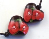 Handmade Lampwork Beads Sparkling Poppy Magic Hearts set 2 earring Pair