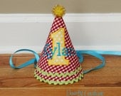 Boy First Birthday Party Hat - Farm Theme - Red gingham, yellow, aqua, and green - Free personalization
