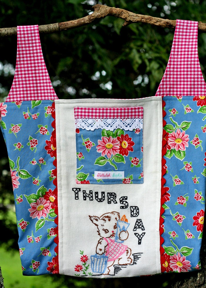 Vintage ... THURSDAY ... Days of the Week Tea Towel Repurposed  .. Embroidered Puppy Shopping Market Tote Bag Purse