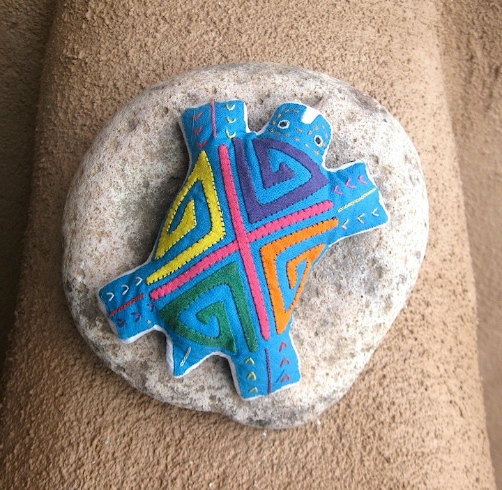 Lavender Filled, Tiny Turquoise  Mola Travel Turtle - Kuna indian Reverse Applique