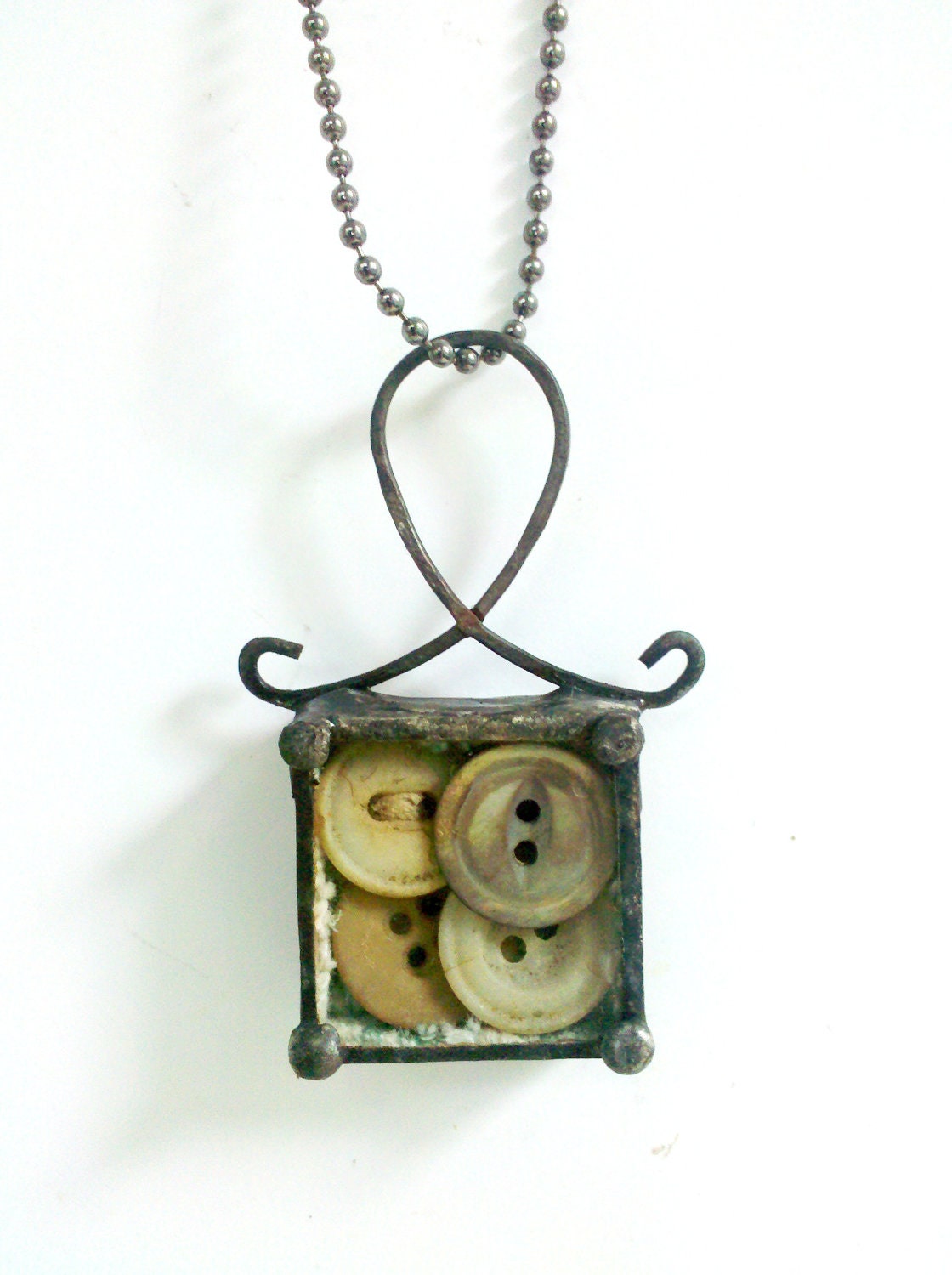 Antique Button Reliquary Necklace, Soldered Button Shadowbox Pendant, Gift for Seamstress Dressmaker