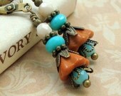 Dangle Earrings , Neo Victorian Jewelry , Flower , Antiqued Brass , Vintage Inspired , Mustard Yellow and Turquoise Blue Flower Earrings