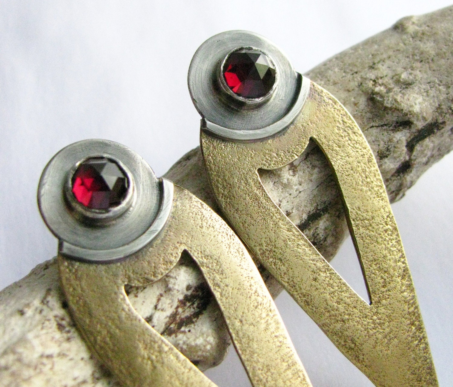 Modern Statement Earrings - Mixed Metal Garnet Earrings -   Metalsmith Artisan Jewelry - Gemstone Post Earrings