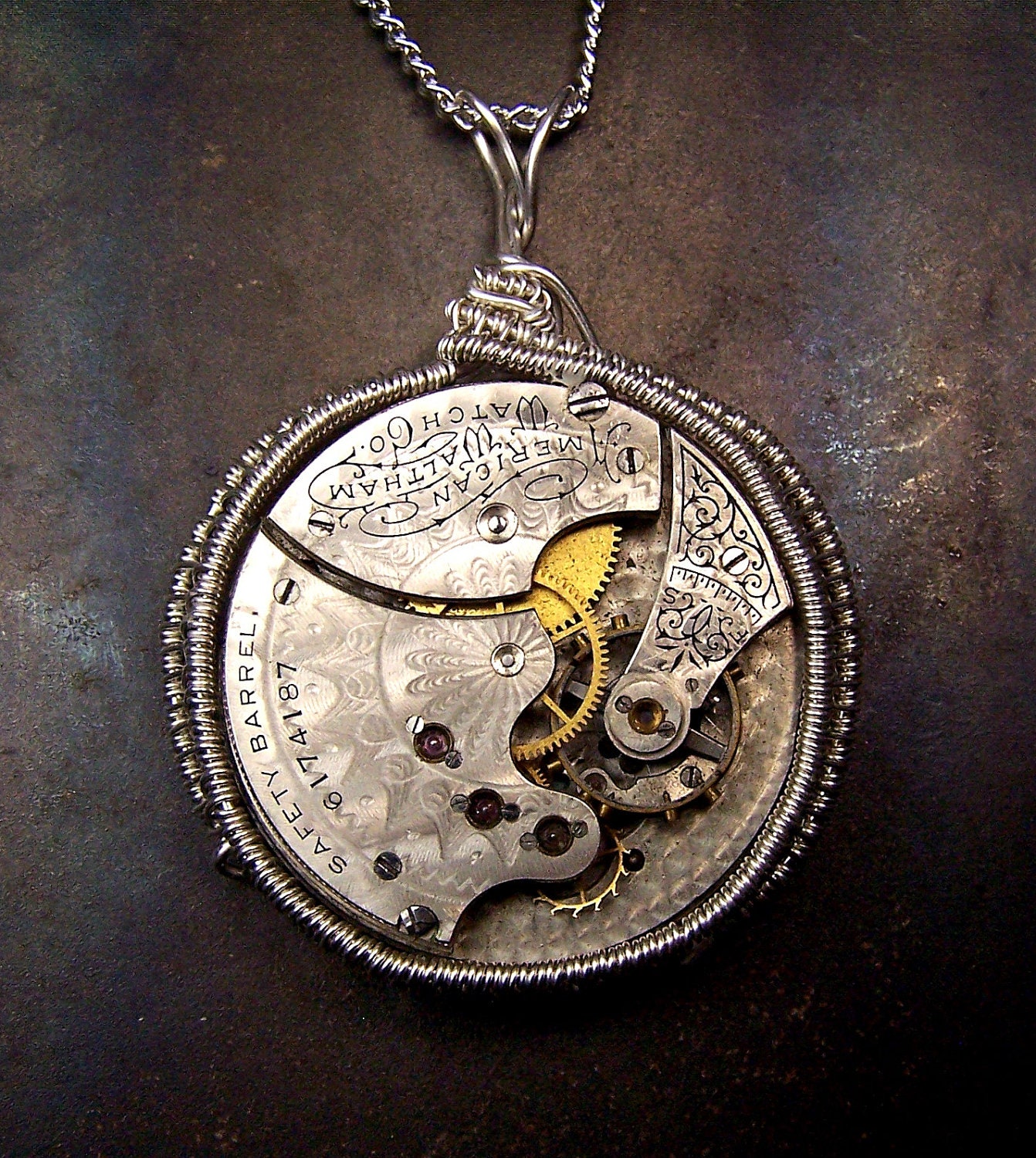 Antique Watch Movement necklace - Elaborate Sterling Silver wire wrapped - engraved jeweled - Large - Unique ooak - steampunk