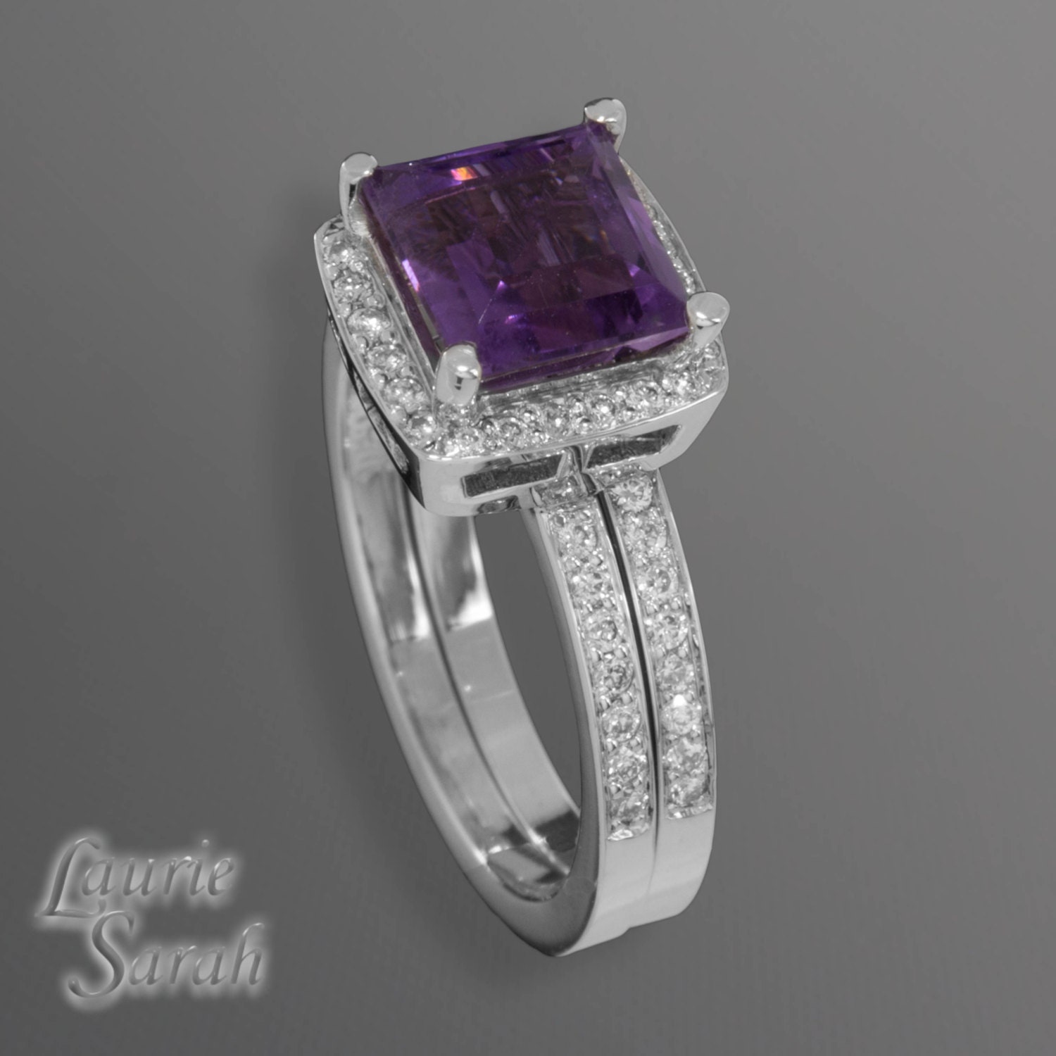 Princess Cut Amethyst Engagement Ring and Wedding Band Set with ...