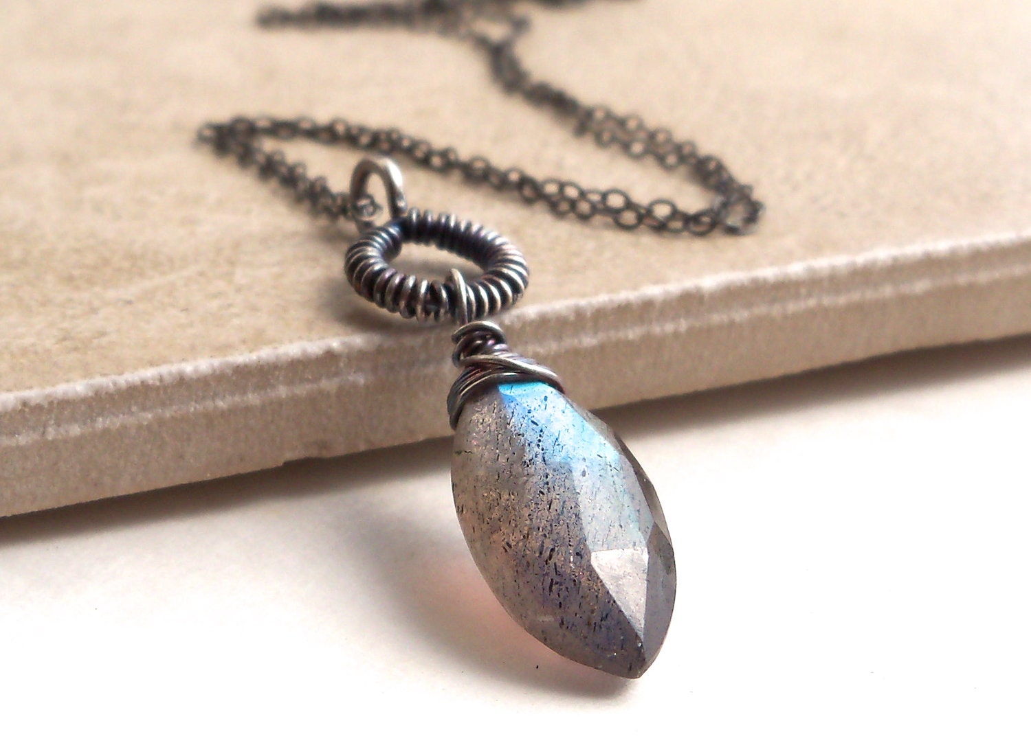 Labradorite Marquise Drop Wire Wrapped Antique Silver Pendant Necklace