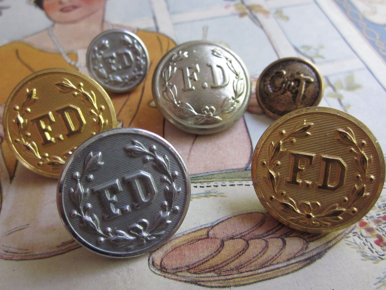 RESERVED for nancydiamonddesign Set of 6 Vintage Fire Department Metal Buttons Waterbury
