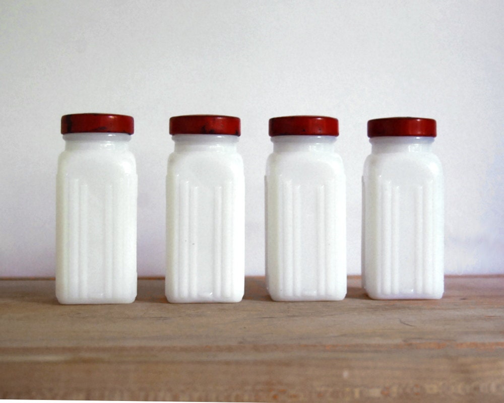 Vintage Spice Jars Milk Glass with Red Metal Lids Art Deco Housewares