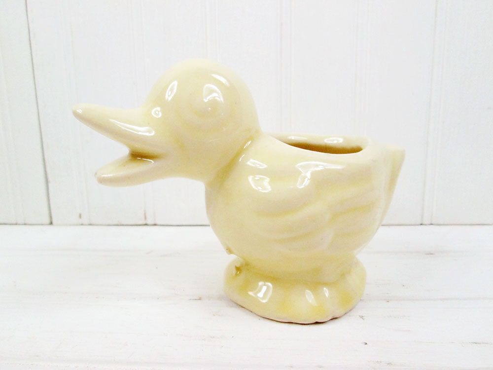 Vintage Duck Planter Pale Yellow Pottery Duckling Figurine Ceramic Retro