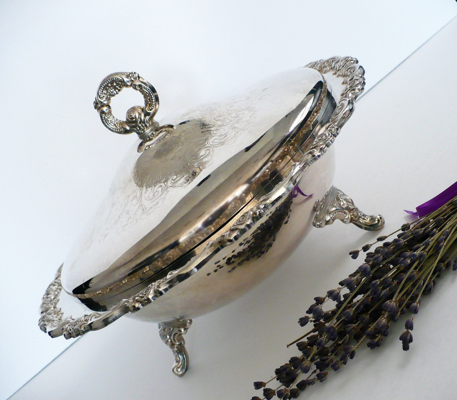 LARGE CASSEROLE  with LID Silver Plated -Oneida Footed Serving Dish Casserole Bowl with Ornate Lid Silveplated Platter Roses Floral Heavy
